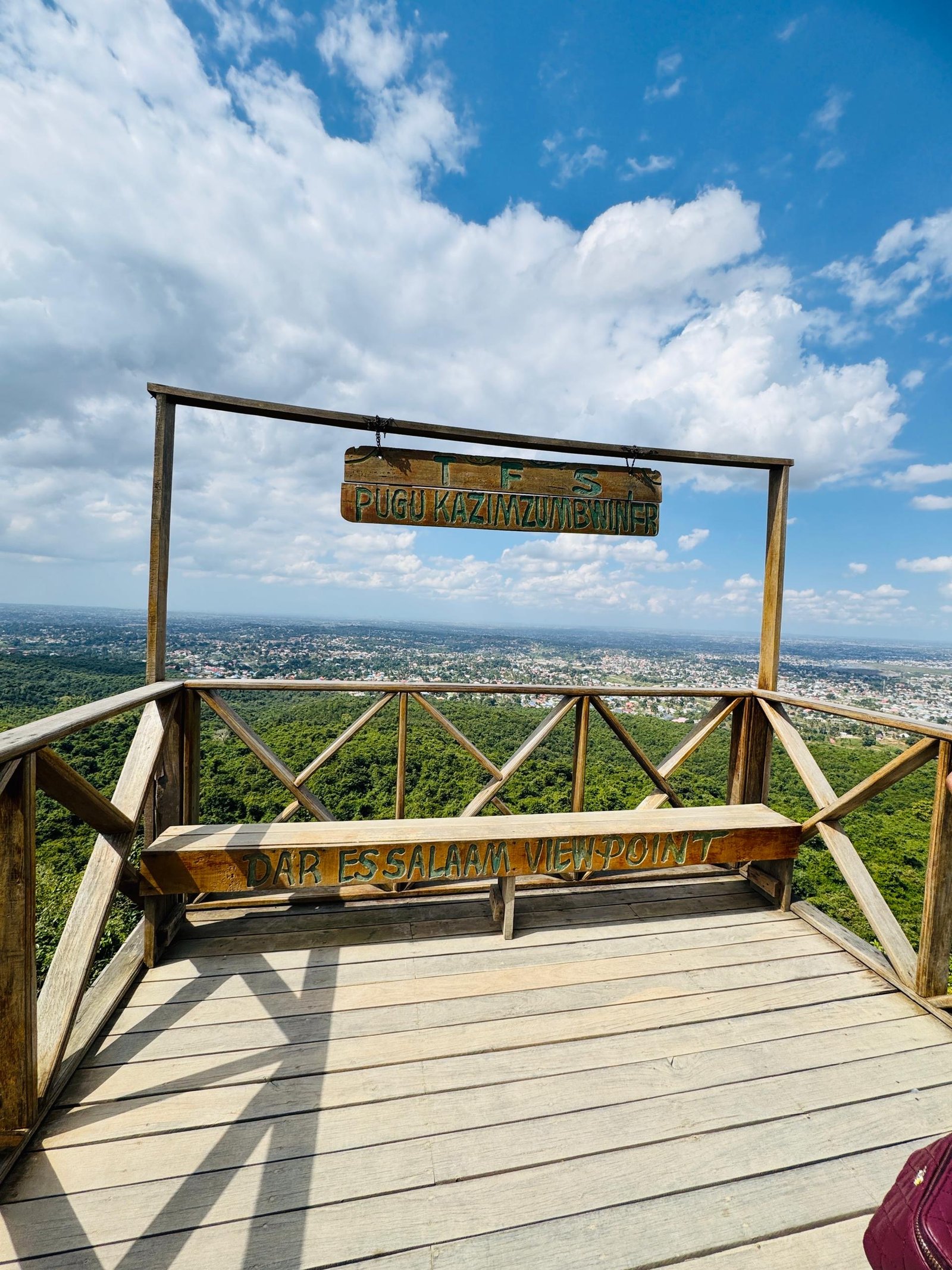Dar es Salaam Viewpoint overlook with a hanging wooden sign and panoramic city and forest view