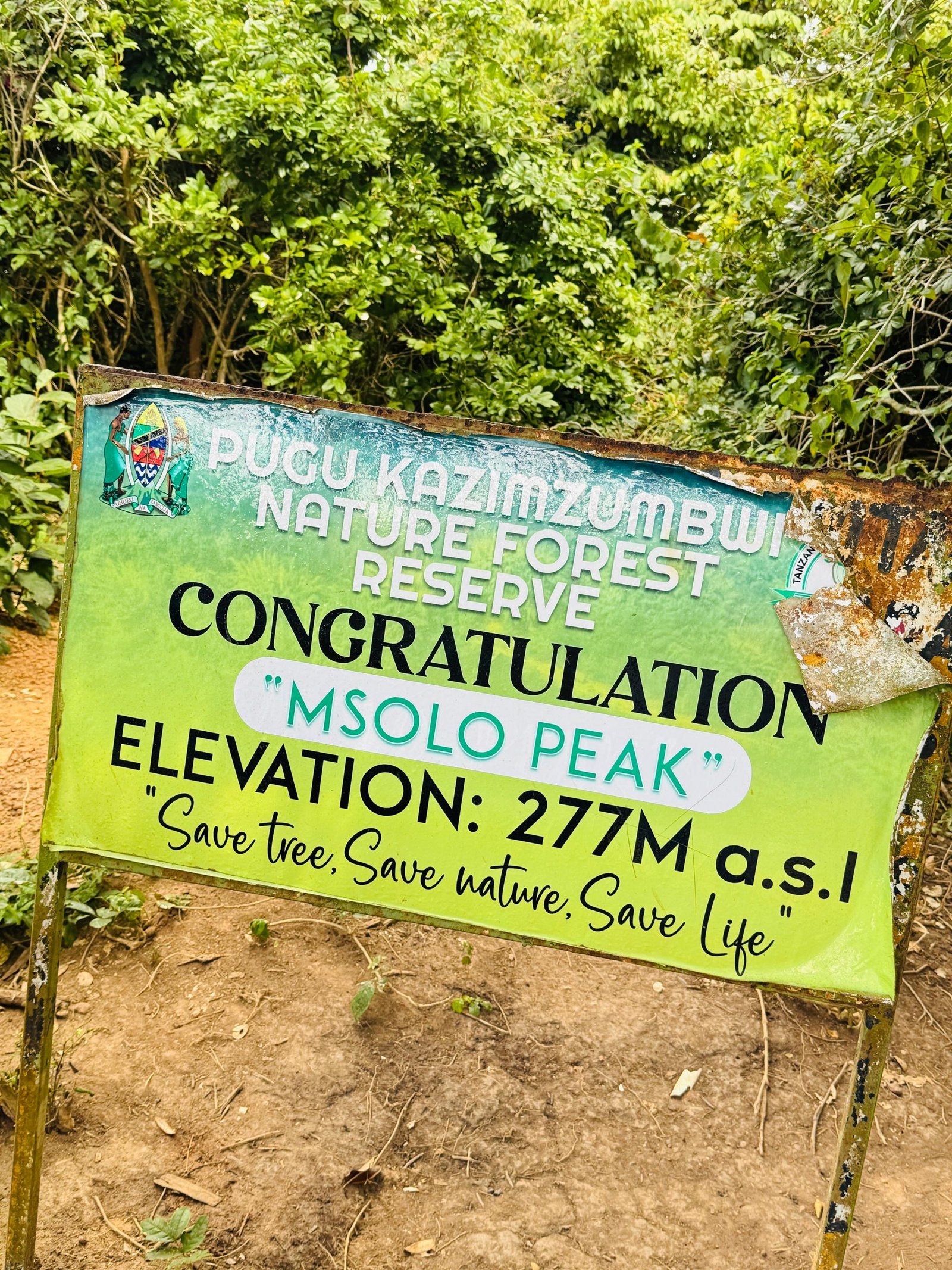 Msolo Peak elevation marker sign reading 277 metres above sea level